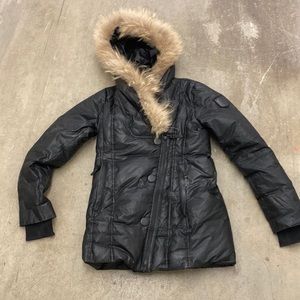 Atelier noir down coat size small with fur trim Hood double zipper